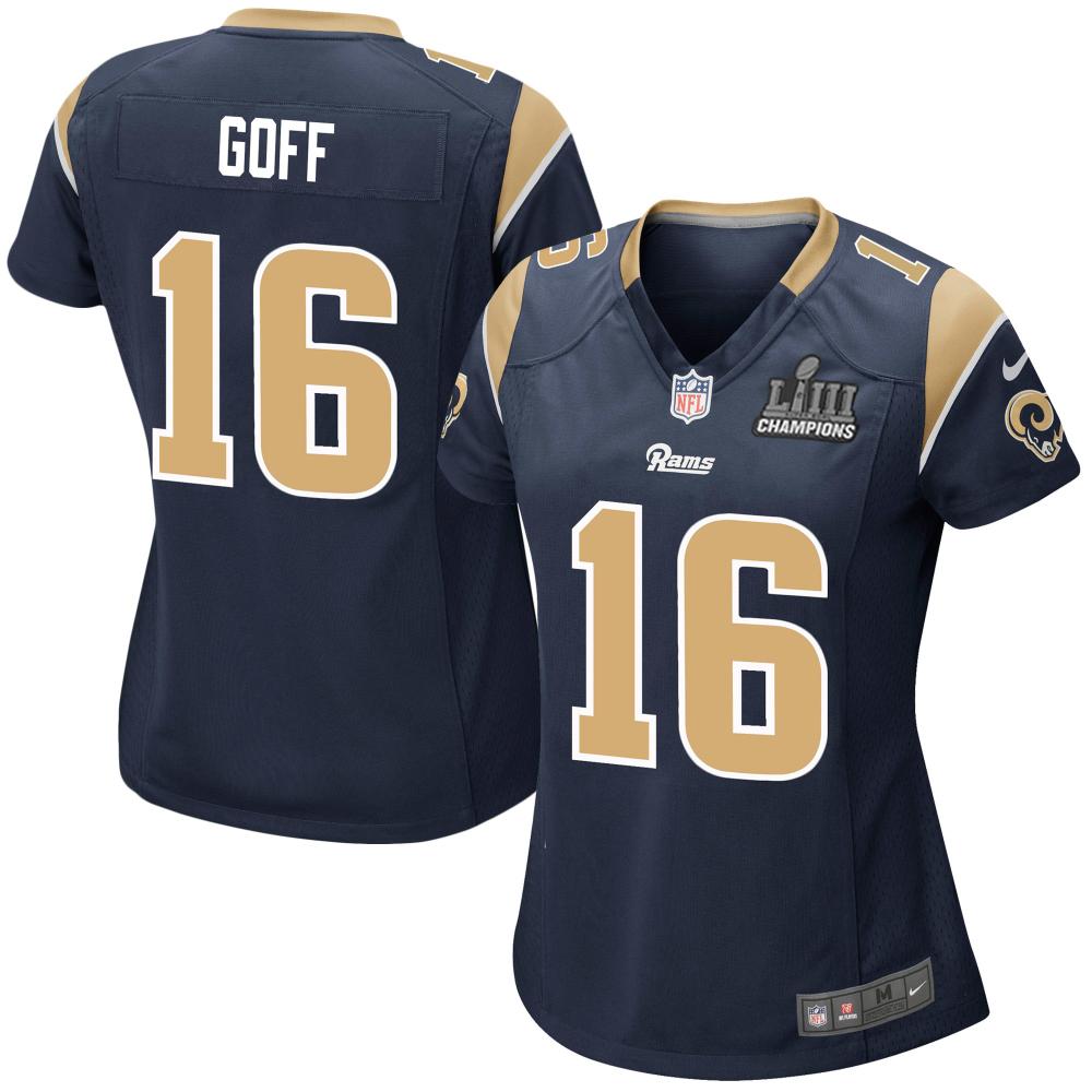 JARED GOFF LOS ANGELES RAMS SUPER BOWL LIII 53 CHAMPIONS PATCH FOOTBALL WOMEN'S JERSEY - NAVY - 2019