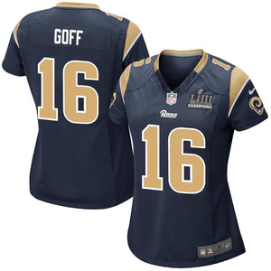 JARED GOFF LOS ANGELES RAMS SUPER BOWL LIII 53 CHAMPIONS PATCH FOOTBALL WOMEN'S JERSEY - NAVY - 2019