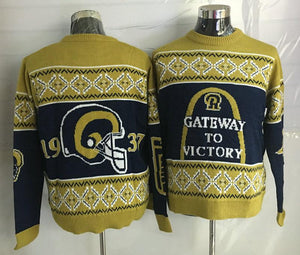 LOS ANGELES RAMS SUPER BOWL BROWN AND NAVY UGLY SWEATER
