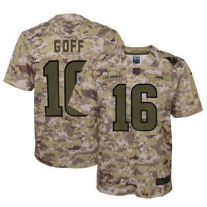 JARED GOFF LOS ANGELES RAMS SUPER BOWL YOUTH SALUTE TO SERVICE GAME JERSEY - CAMO 2018/2019