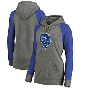 LOS ANGELES RAMS SUPER BOWL PRO LINE WOMEN'S THROWBACK LOGO TRI-BLEND RAGLAN PULLOVER HOODIE - GRAYROYAL